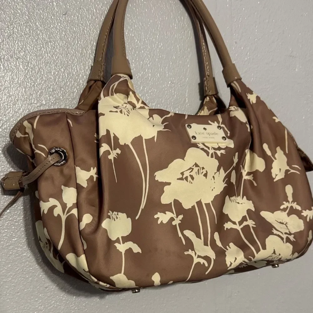 Chic Kate Spade Neutral Floral Nylon Leather Hobo Bag Shoulder Purse Trendy